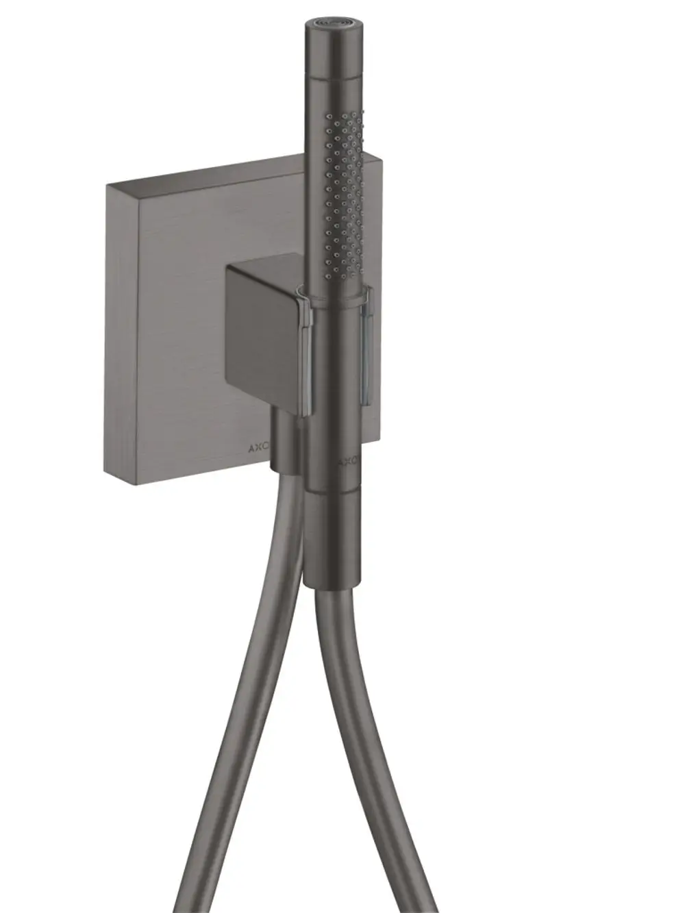 AXOR Handbrause mit Wandhalterung und Schlauch in Brushed Black Chrome. Die Brause hat eine ergonomische Form mit zwei Strahlarten und ist an einem quadratischen Halter befestigt.